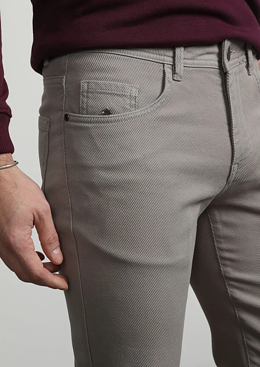 Beige Weaving Slim Fit Casual Cotton Blended Trousers - 2