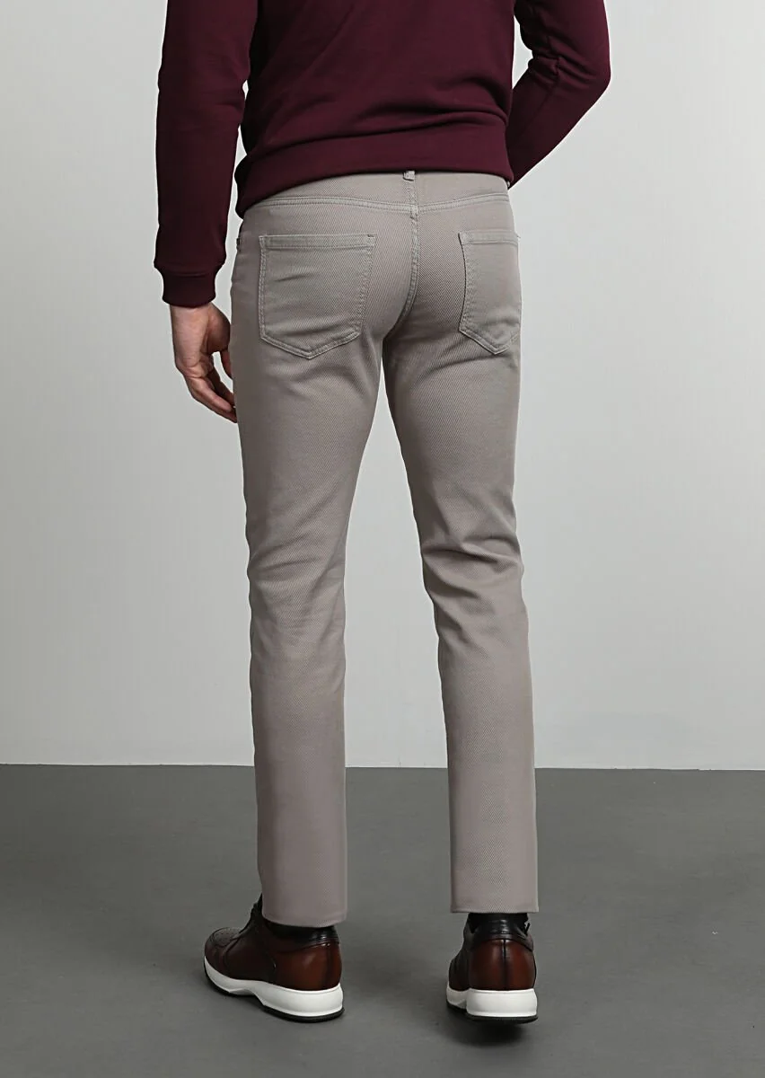 Beige Weaving Slim Fit Casual Cotton Blended Trousers - 4