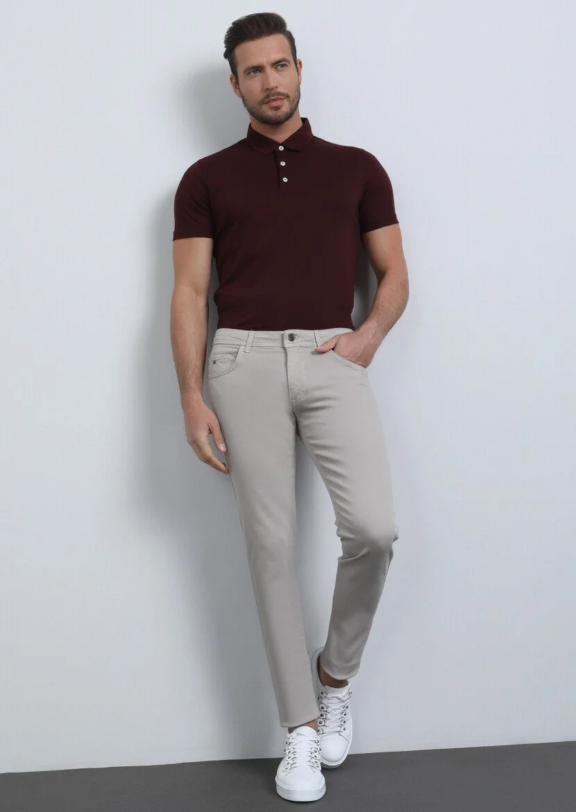 Beige Weaving Slim Fit Casual Cotton Blended Trousers 