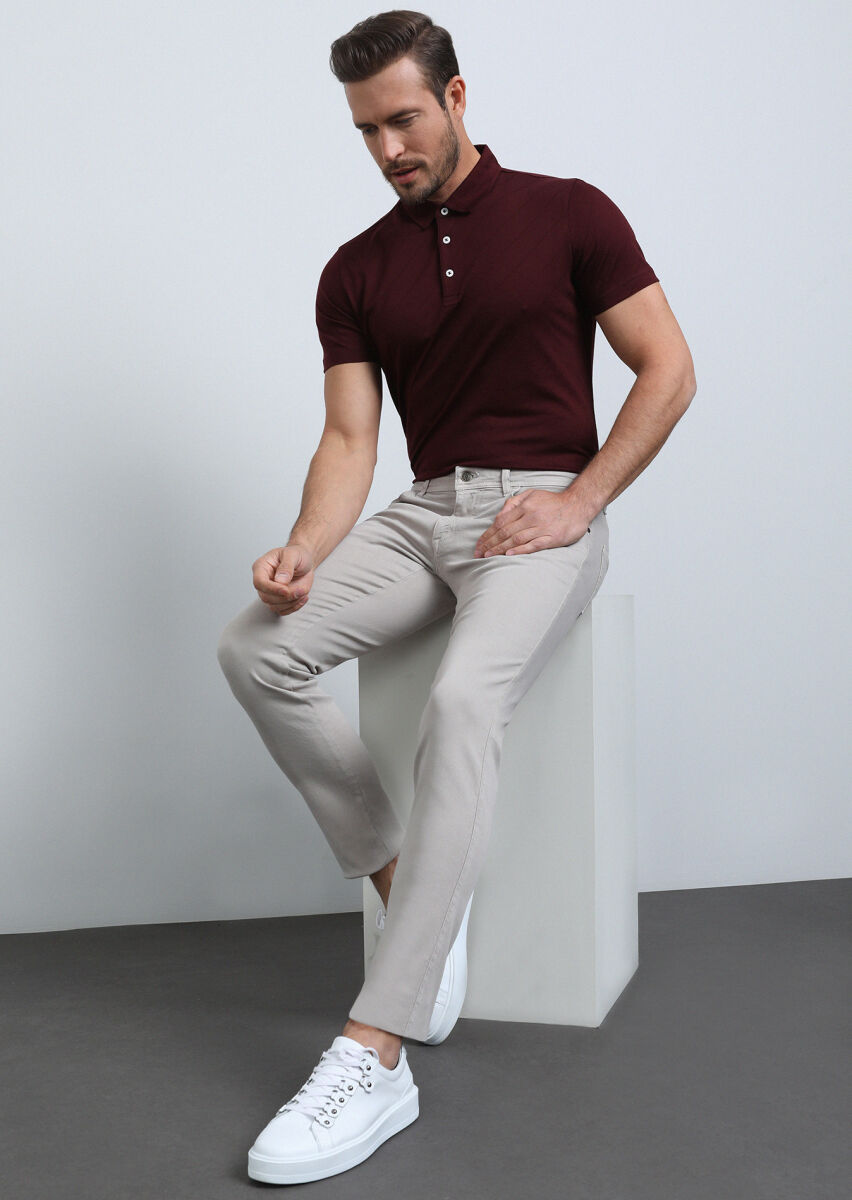 Beige Weaving Slim Fit Casual Cotton Blended Trousers - 1