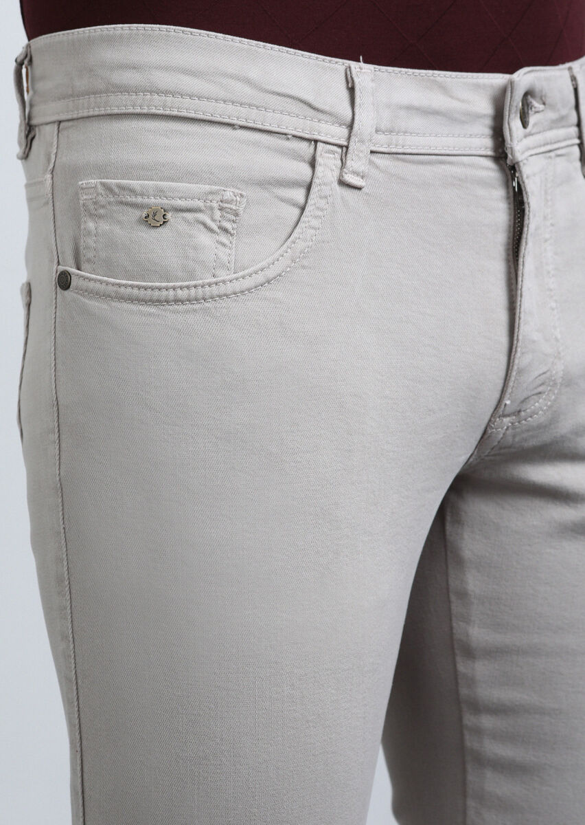 Beige Weaving Slim Fit Casual Cotton Blended Trousers - 3