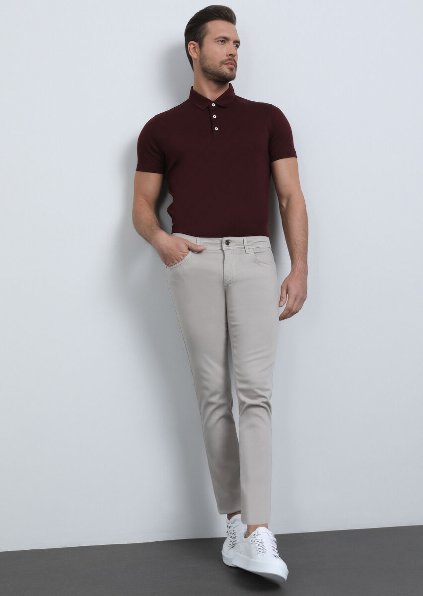 Beige Weaving Slim Fit Casual Cotton Blended Trousers - 4