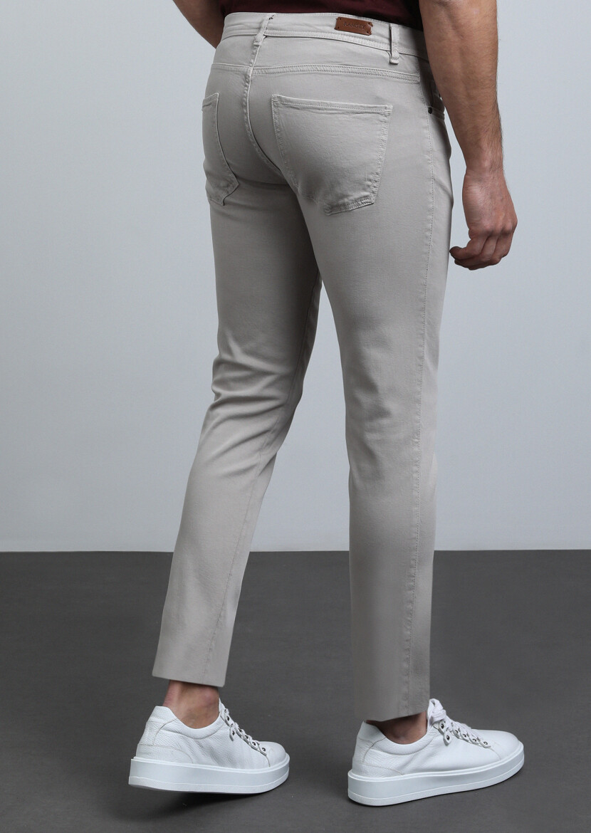 Beige Weaving Slim Fit Casual Cotton Blended Trousers - 5