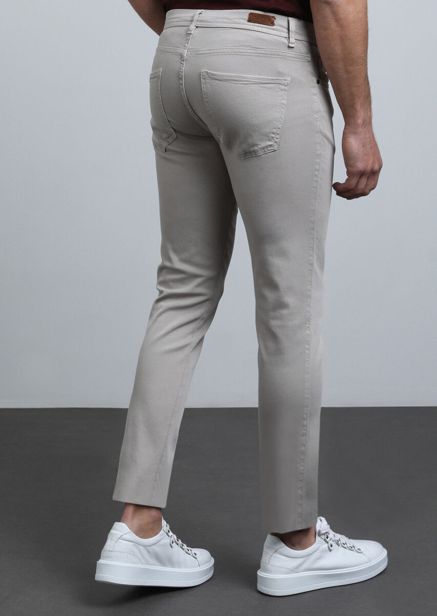 Beige Weaving Slim Fit Casual Cotton Blended Trousers - 5