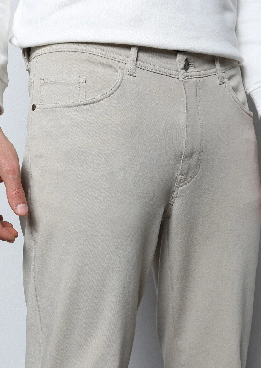 Beige Weaving Slim Fit Casual Cotton Blended Trousers 