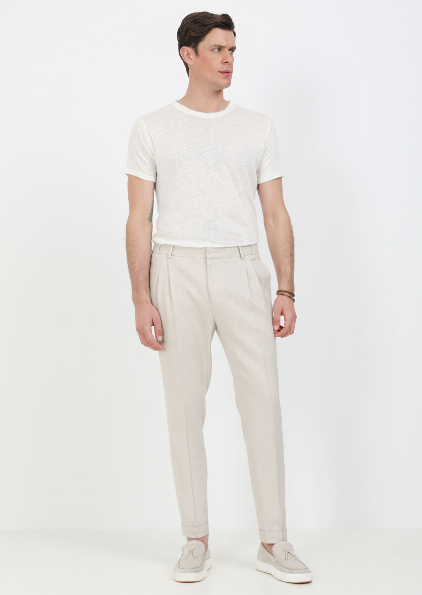 Beige Weaving Slim Fit Casual Cotton Blended Trousers - 1