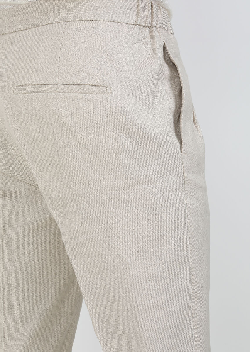 Beige Weaving Slim Fit Casual Cotton Blended Trousers - 4