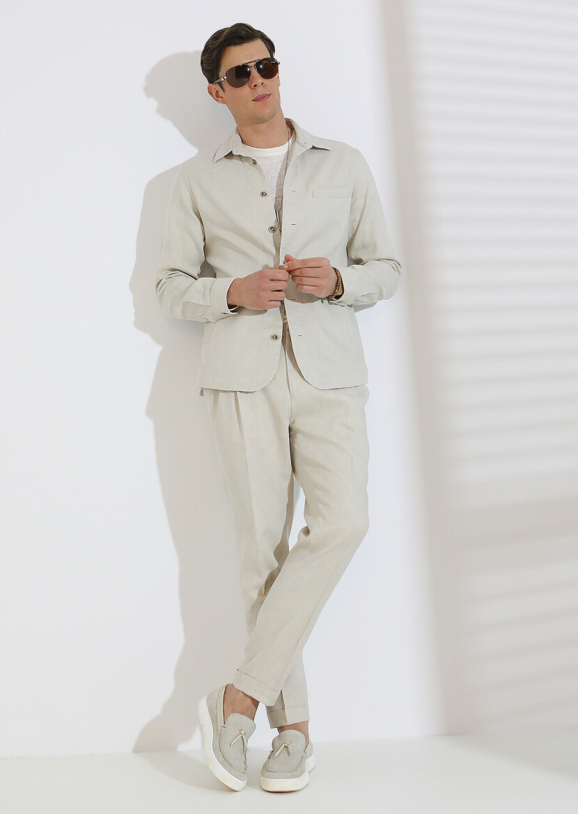 Beige Weaving Slim Fit Casual Cotton Blended Trousers - 6