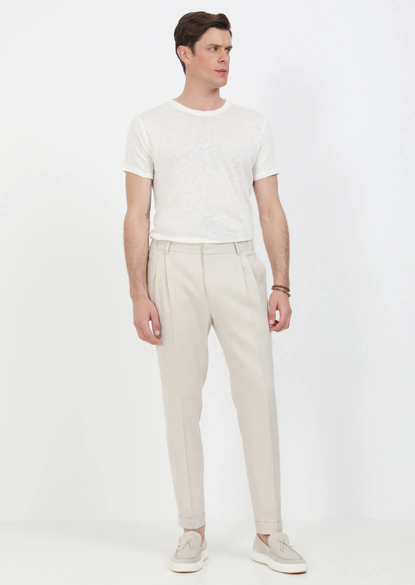 Beige Weaving Slim Fit Casual Cotton Blended Trousers - 1