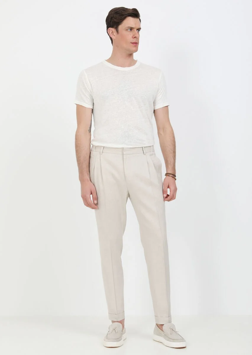 Beige Weaving Slim Fit Casual Cotton Blended Trousers - 1