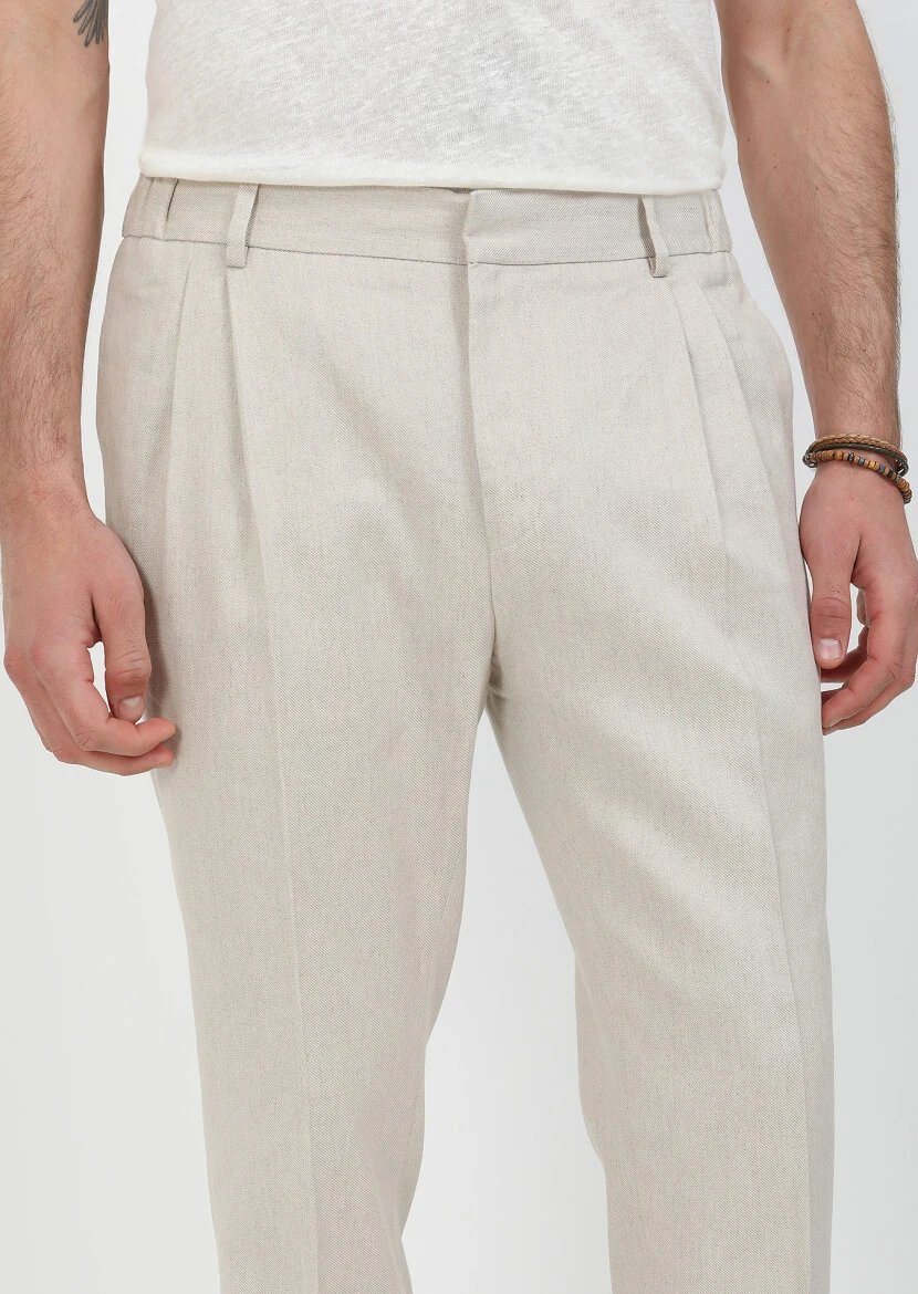 Beige Weaving Slim Fit Casual Cotton Blended Trousers - 2