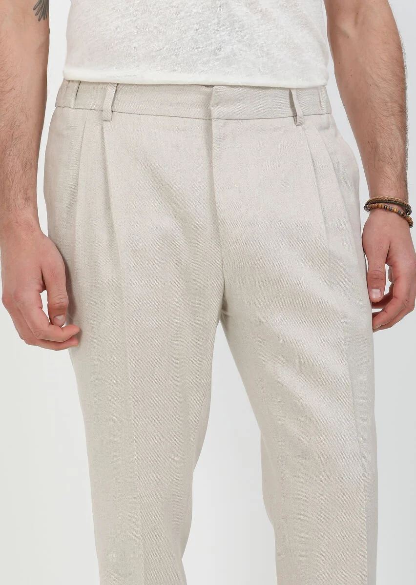 Beige Weaving Slim Fit Casual Cotton Blended Trousers - 2