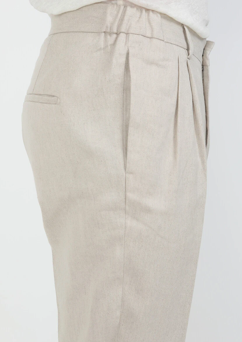 Beige Weaving Slim Fit Casual Cotton Blended Trousers - 3