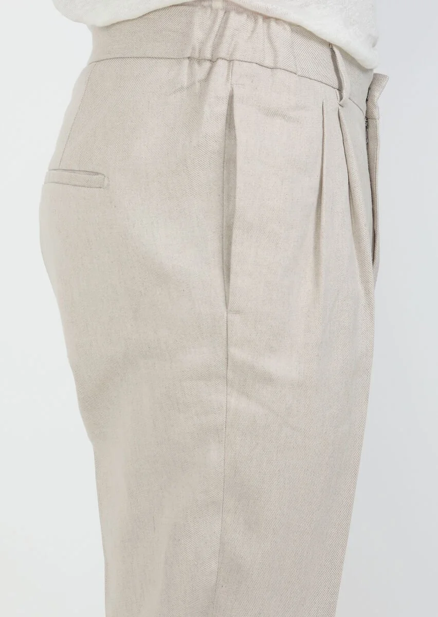 Beige Weaving Slim Fit Casual Cotton Blended Trousers - 3