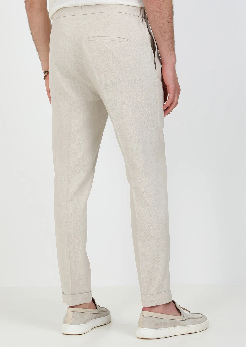 Beige Weaving Slim Fit Casual Cotton Blended Trousers - 5