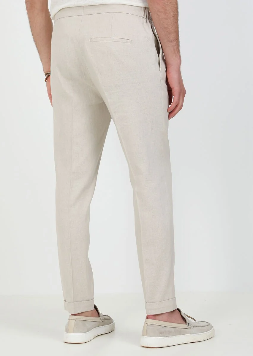 Beige Weaving Slim Fit Casual Cotton Blended Trousers - 5