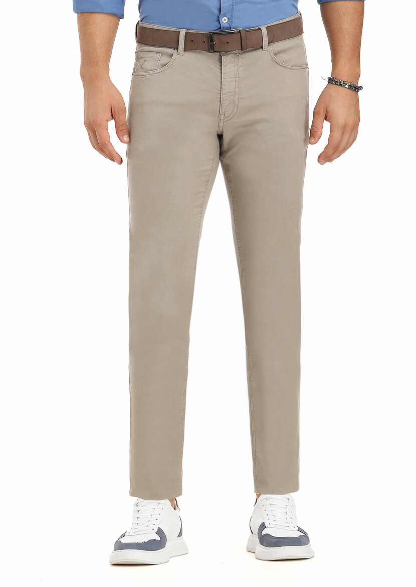 Beige Weaving Slim Fit Casual Cotton Blended Trousers - 2