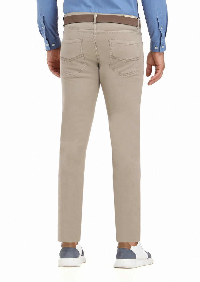 Beige Weaving Slim Fit Casual Cotton Blended Trousers - 4