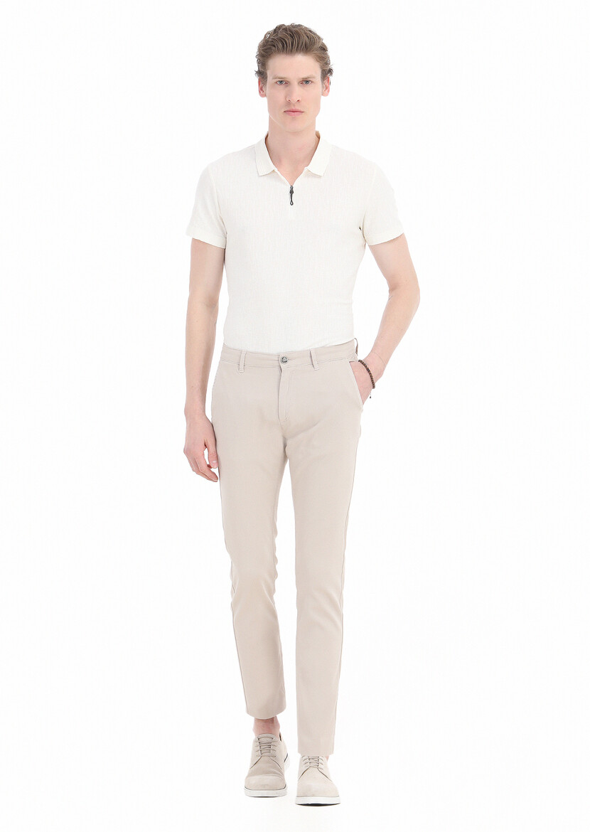 Beige Weaving Slim Fit Casual Cotton Blended Trousers 