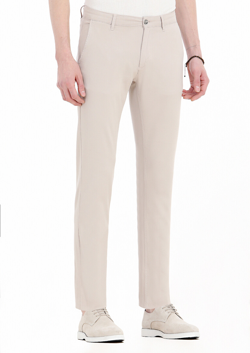 Beige Weaving Slim Fit Casual Cotton Blended Trousers - 2