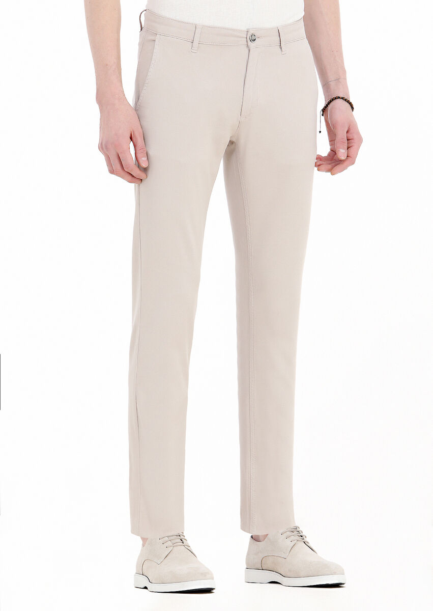 Beige Weaving Slim Fit Casual Cotton Blended Trousers - 2