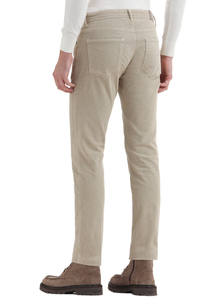 Beige Weaving Slim Fit Casual Cotton Blended Trousers - 3