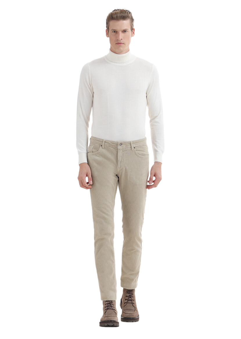 Beige Weaving Slim Fit Casual Cotton Blended Trousers 