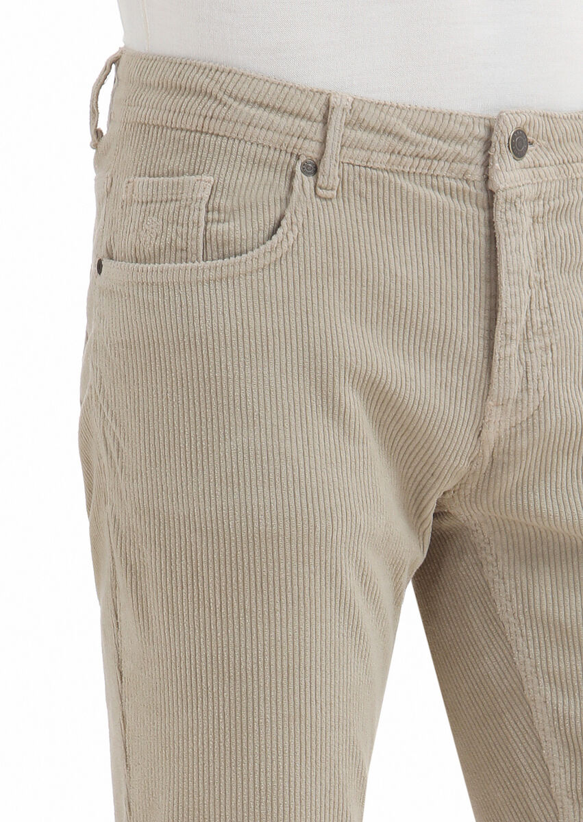 Beige Weaving Slim Fit Casual Cotton Blended Trousers - 3