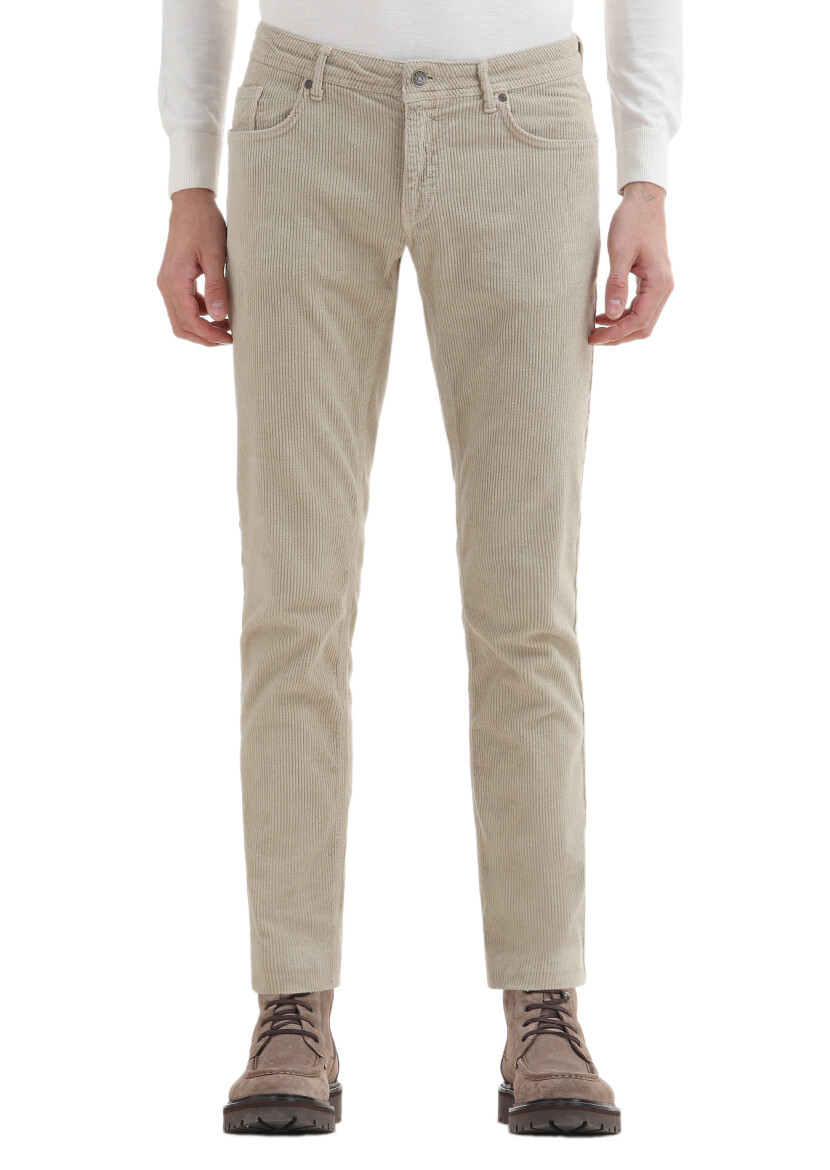 Beige Weaving Slim Fit Casual Cotton Blended Trousers - 2