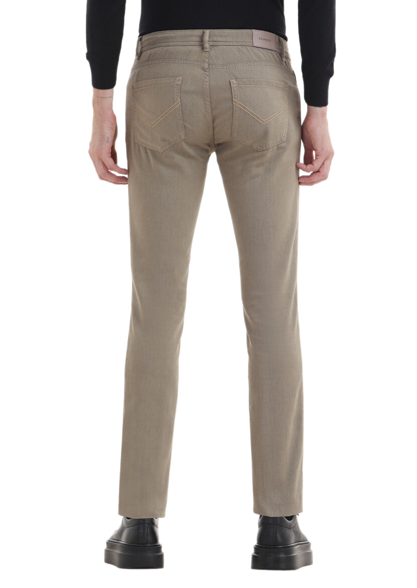 Beige Weaving Slim Fit Casual Cotton Blended Trousers - 3