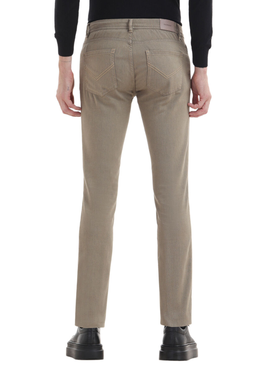 Beige Weaving Slim Fit Casual Cotton Blended Trousers - 3