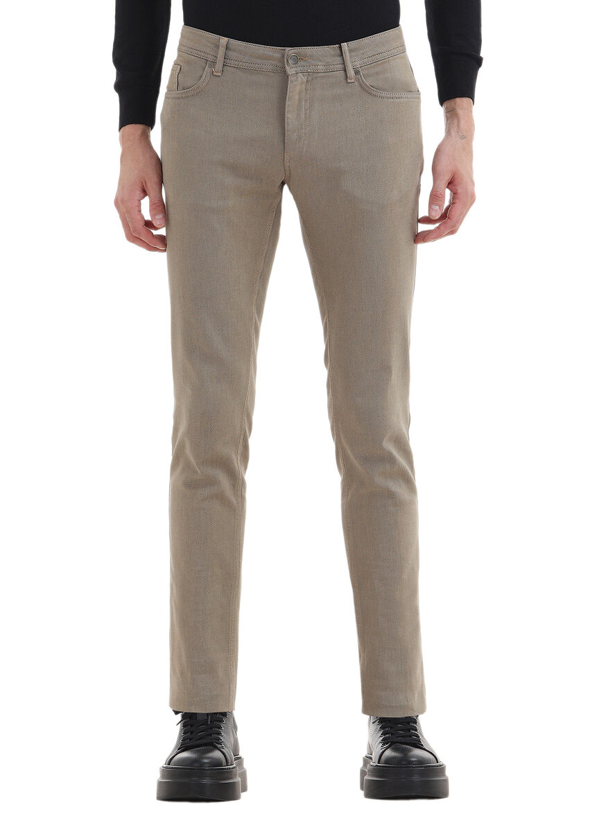 Beige Weaving Slim Fit Casual Cotton Blended Trousers - 2