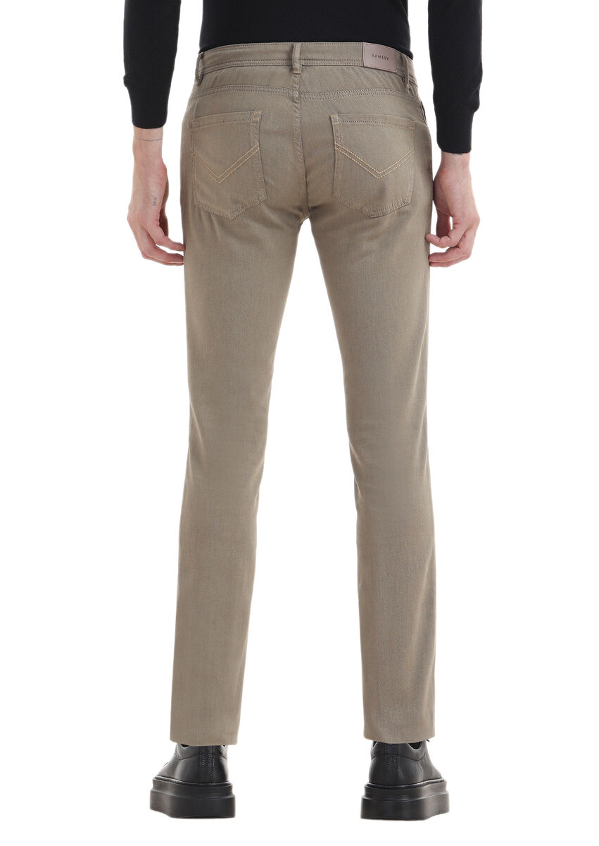 Beige Weaving Slim Fit Casual Cotton Blended Trousers - 4