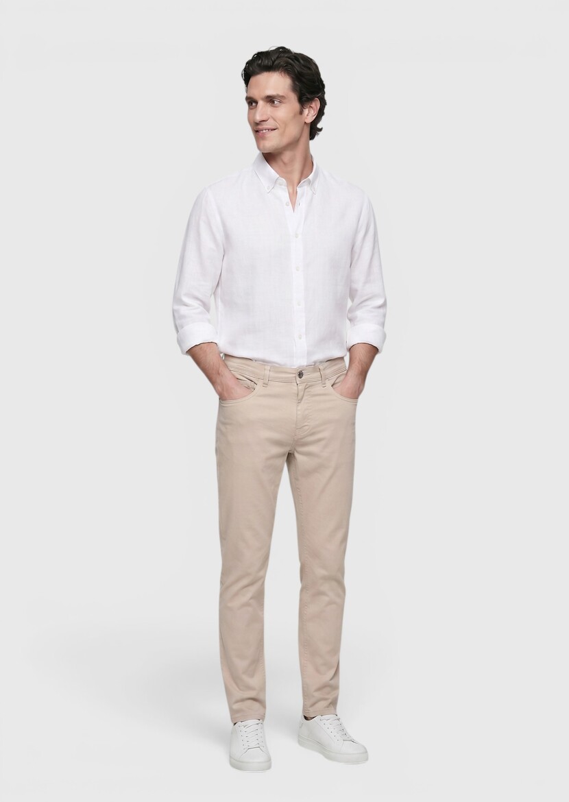 Beige Weaving Slim Fit Casual Cotton Blended Trousers 