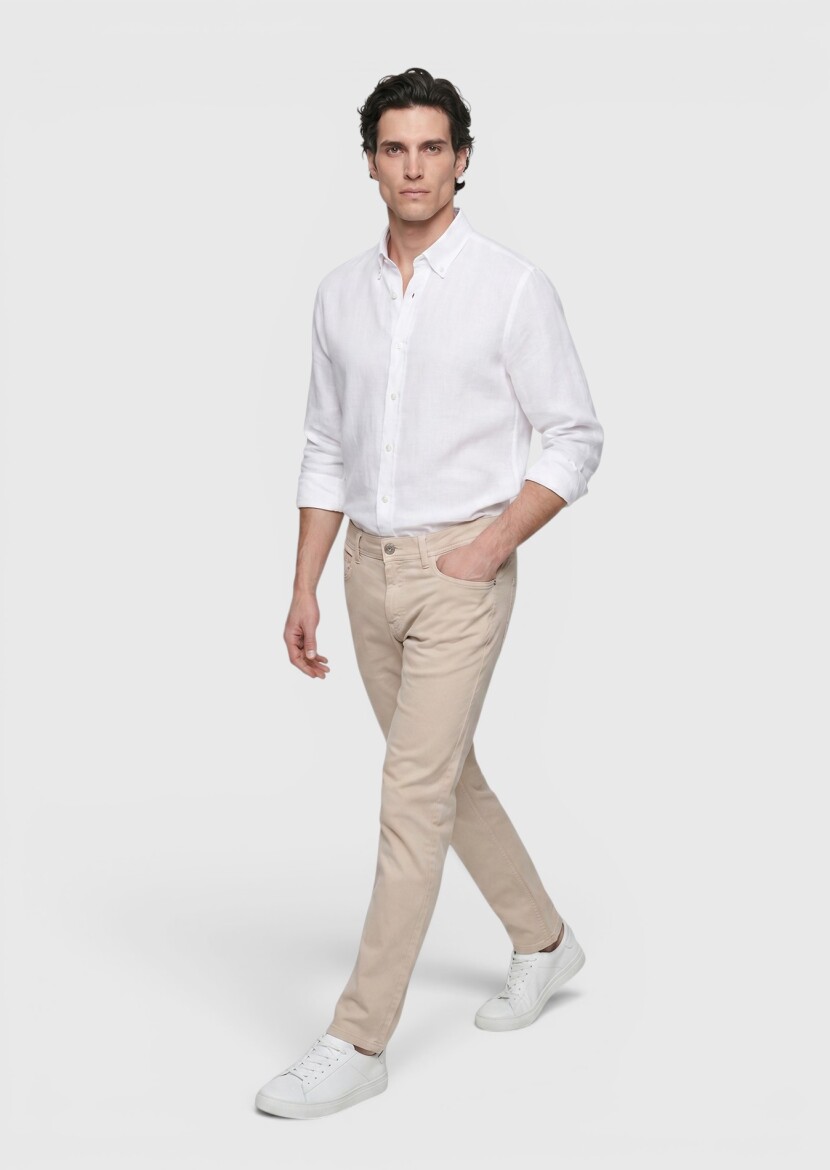 Beige Weaving Slim Fit Casual Cotton Blended Trousers - RAMSEY