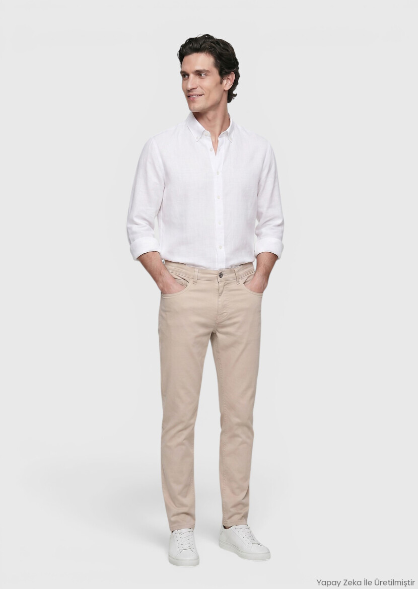 Beige Weaving Slim Fit Casual Cotton Blended Trousers - RAMSEY