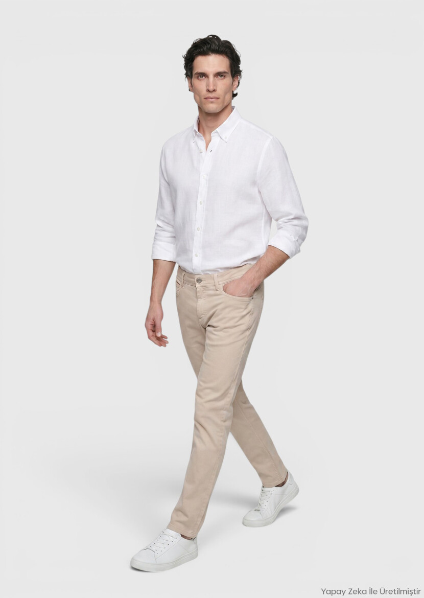 Beige Weaving Slim Fit Casual Cotton Blended Trousers - RAMSEY