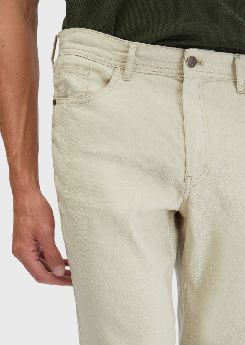 Beige Weaving Slim Fit Casual Linen Blended Trousers - 3