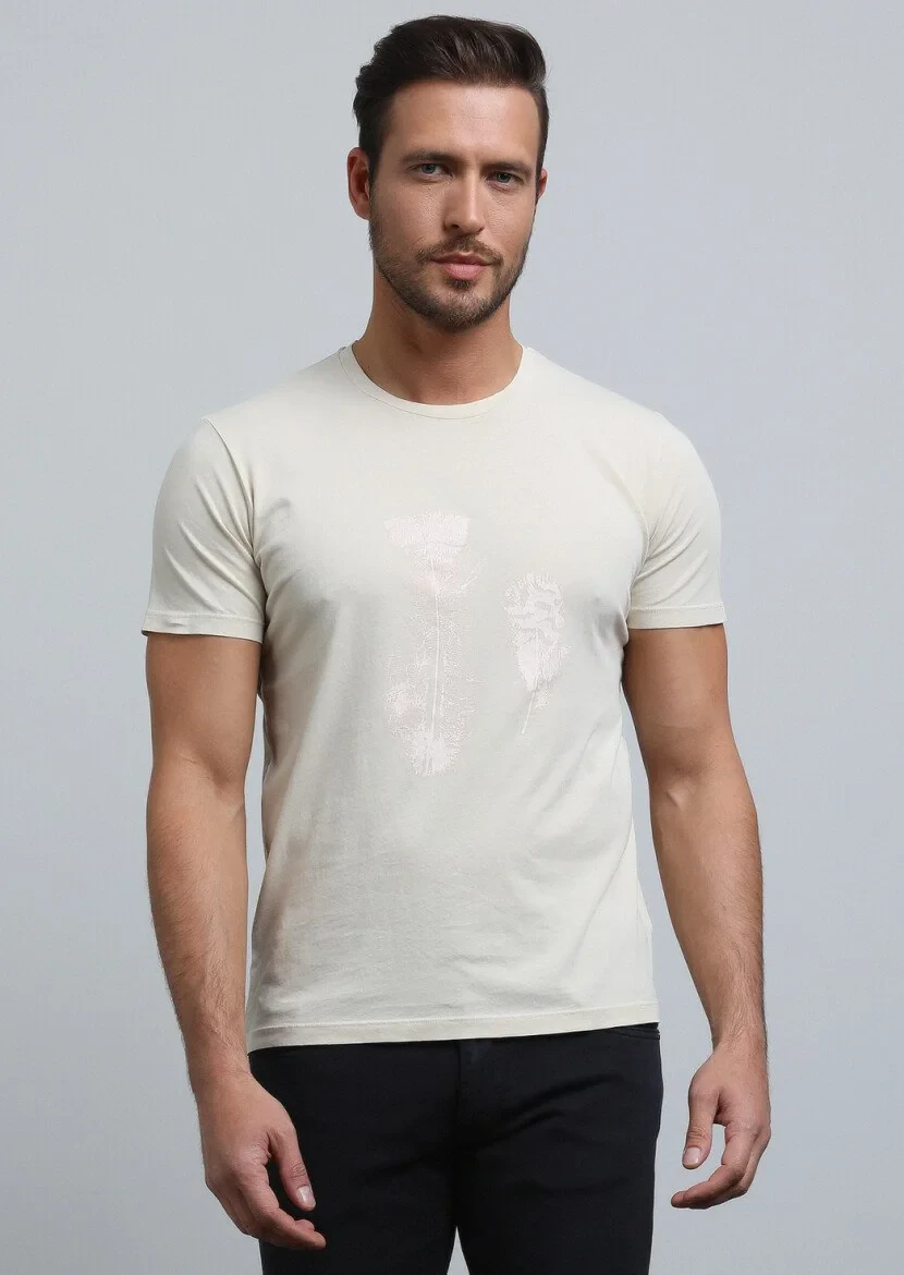 Bej Baskılı %100 Pamuk T-Shirt - 1
