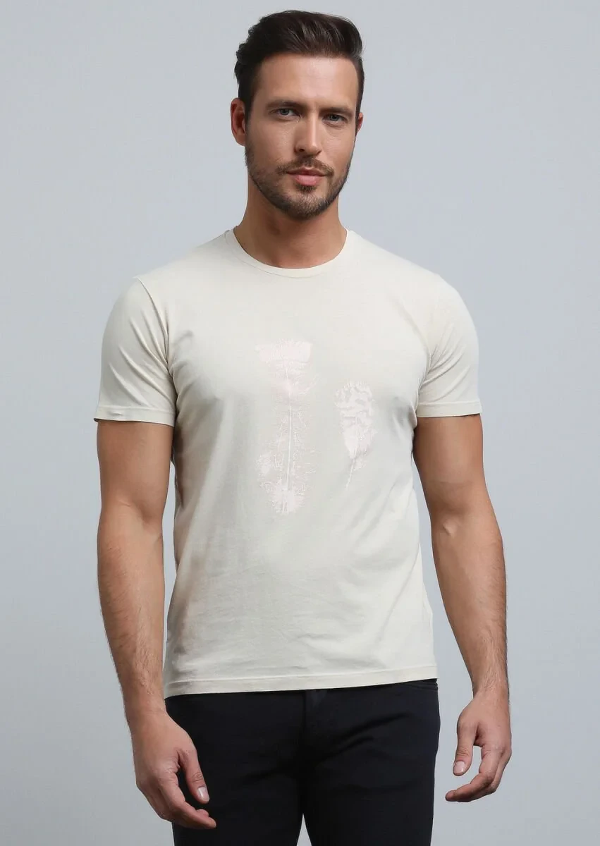 Bej Baskılı %100 Pamuk T-Shirt - 1