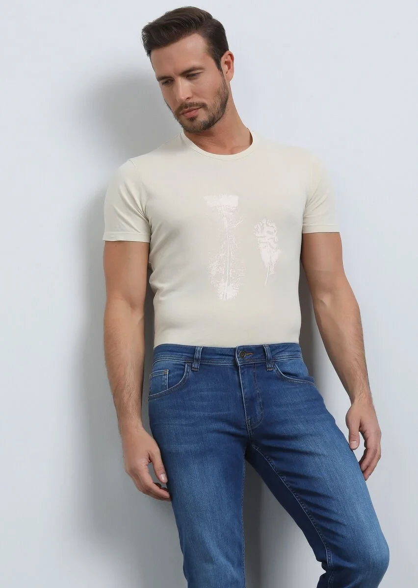 Bej Baskılı %100 Pamuk T-Shirt - 3