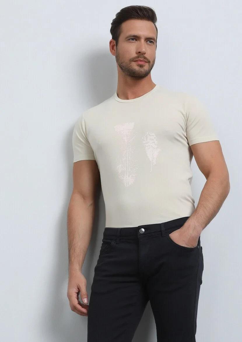 Bej Baskılı %100 Pamuk T-Shirt - 4