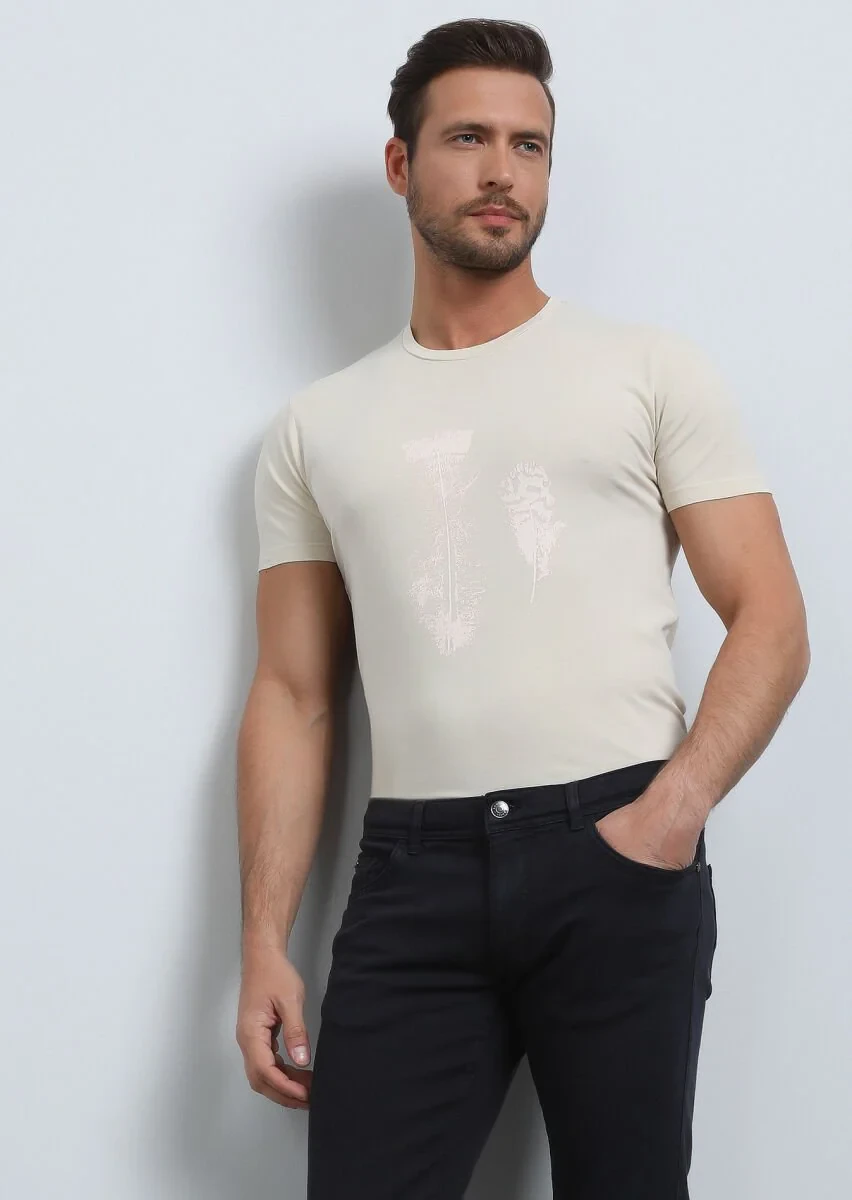 Bej Baskılı %100 Pamuk T-Shirt - 4