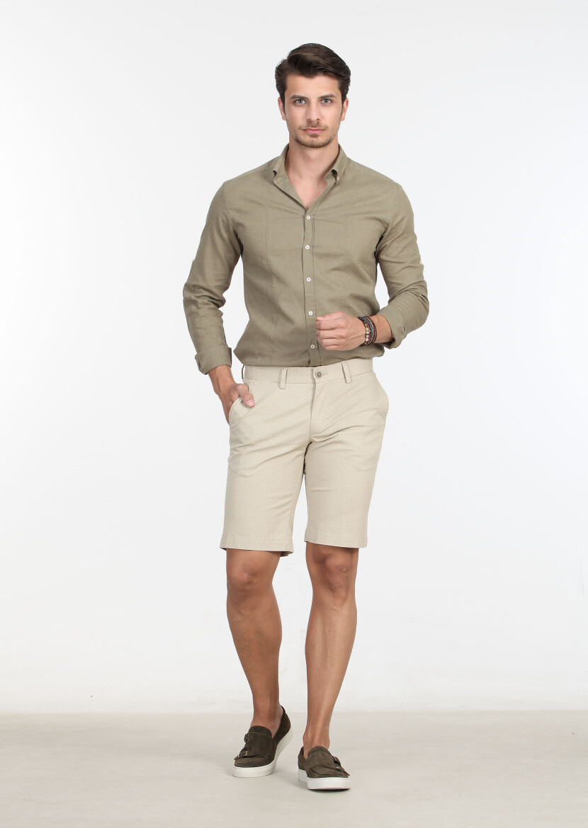 Bej Baskılı Dokuma Regular Fit Casual Pamuk Karışımlı Bermuda - 1