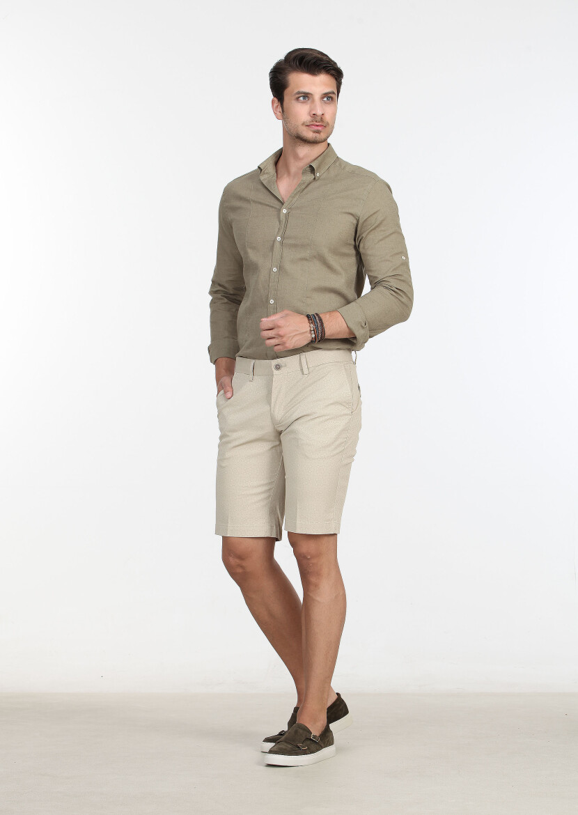 Bej Baskılı Dokuma Regular Fit Casual Pamuk Karışımlı Bermuda 