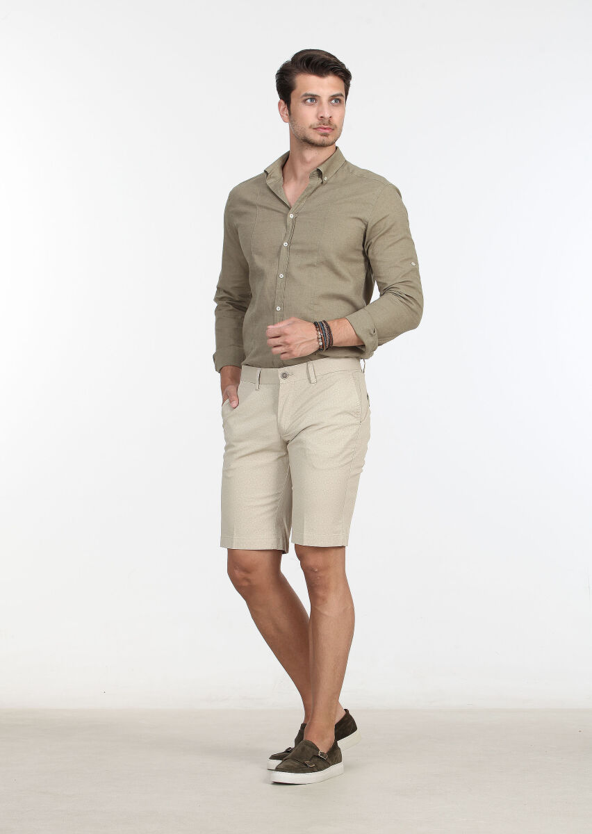 Bej Baskılı Dokuma Regular Fit Casual Pamuk Karışımlı Bermuda - 2