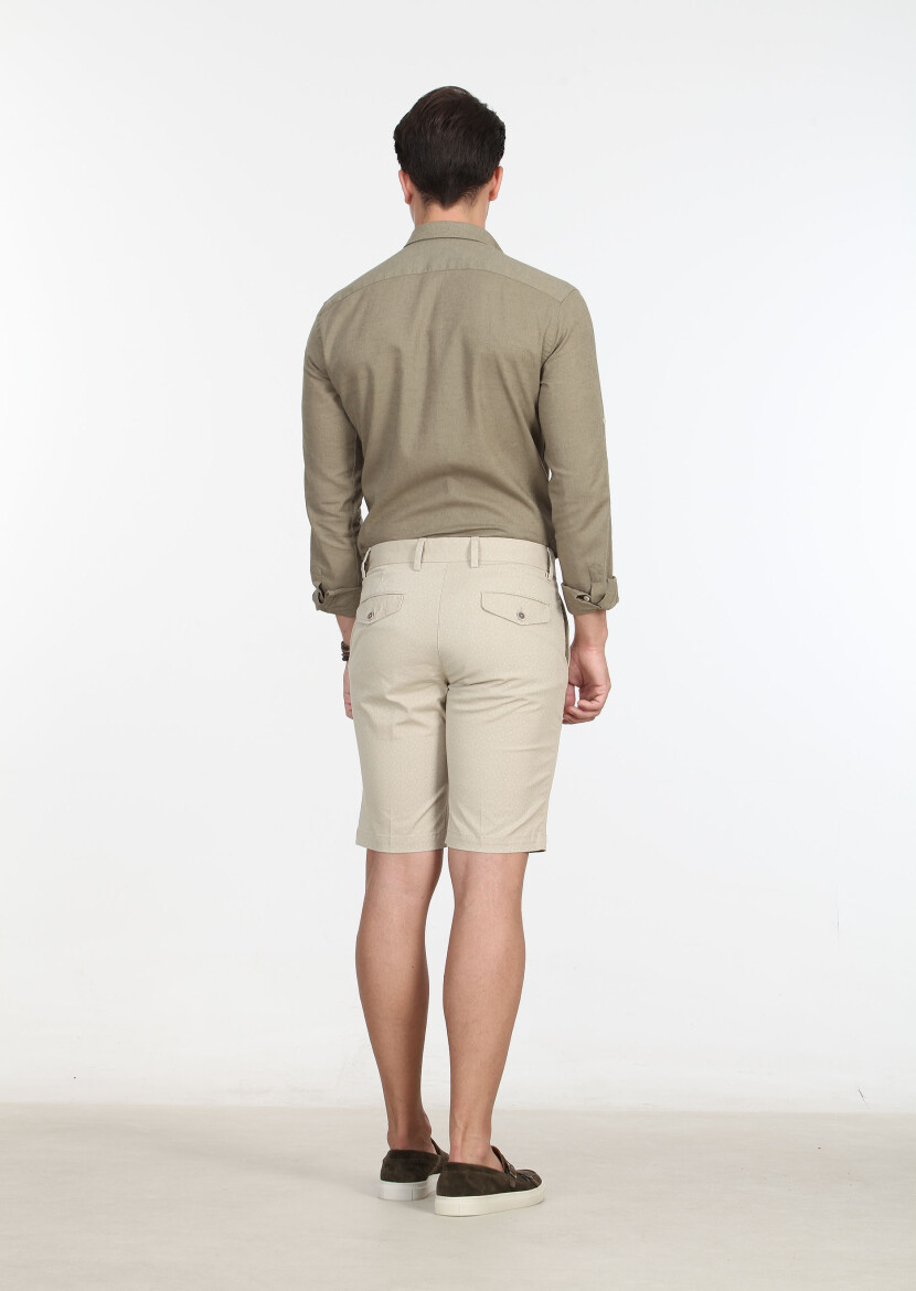 Bej Baskılı Dokuma Regular Fit Casual Pamuk Karışımlı Bermuda - 4
