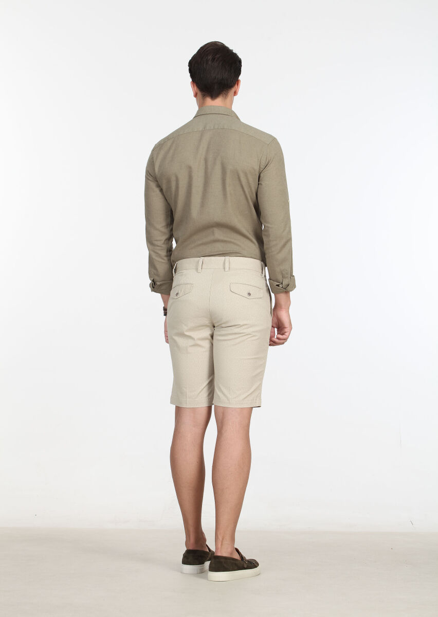 Bej Baskılı Dokuma Regular Fit Casual Pamuk Karışımlı Bermuda - 4