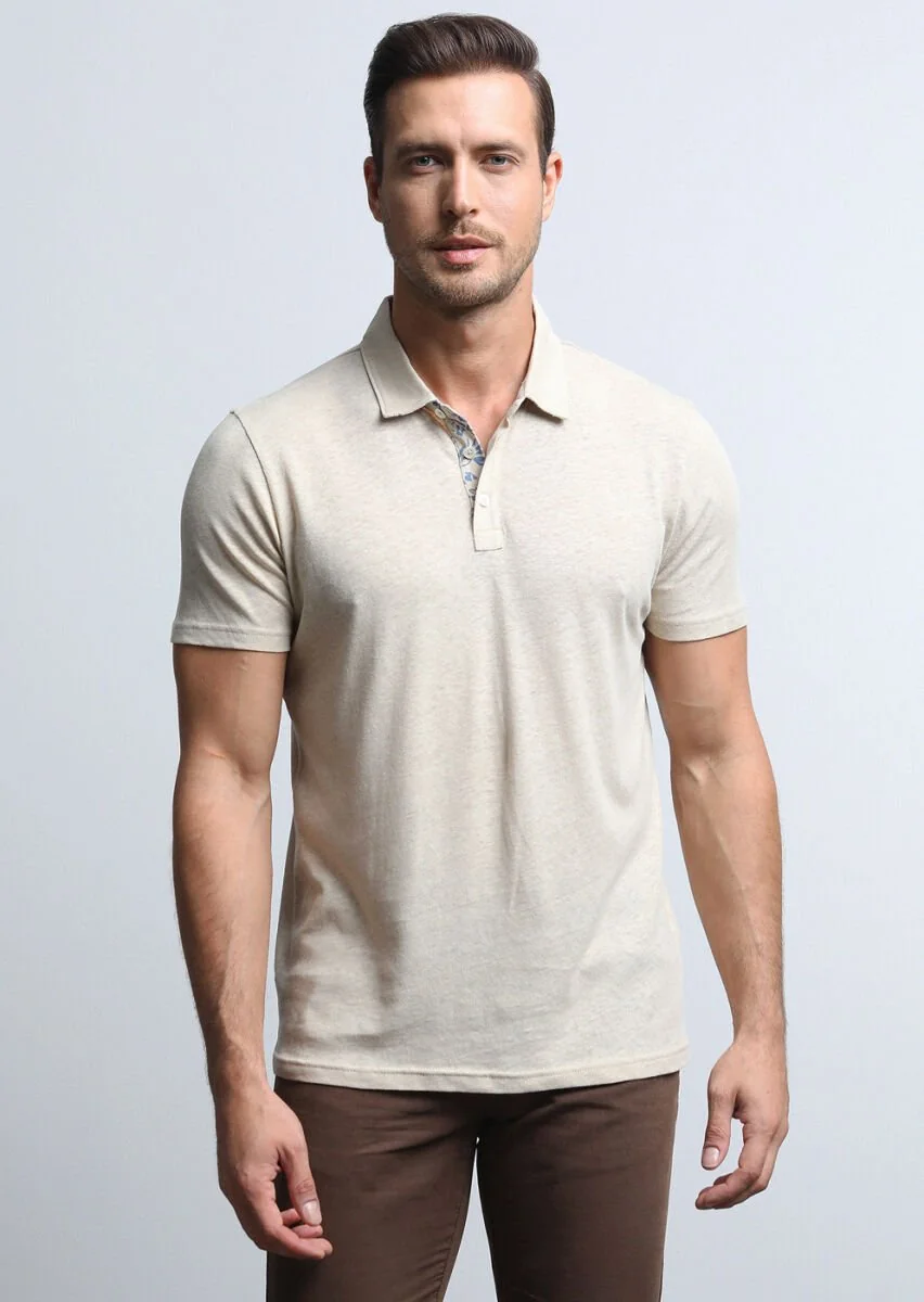 Bej Baskılı Polo Yaka Pamuk Karışımlı T-Shirt - 3