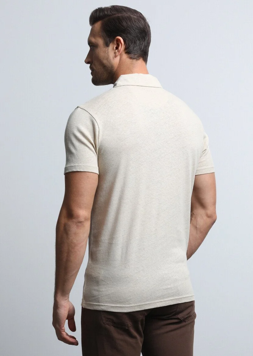 Bej Baskılı Polo Yaka Pamuk Karışımlı T-Shirt - 5